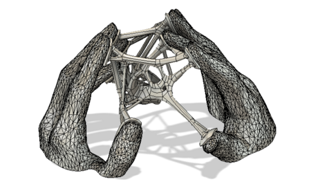 Generatively designed object between two hands (CAD drawing)